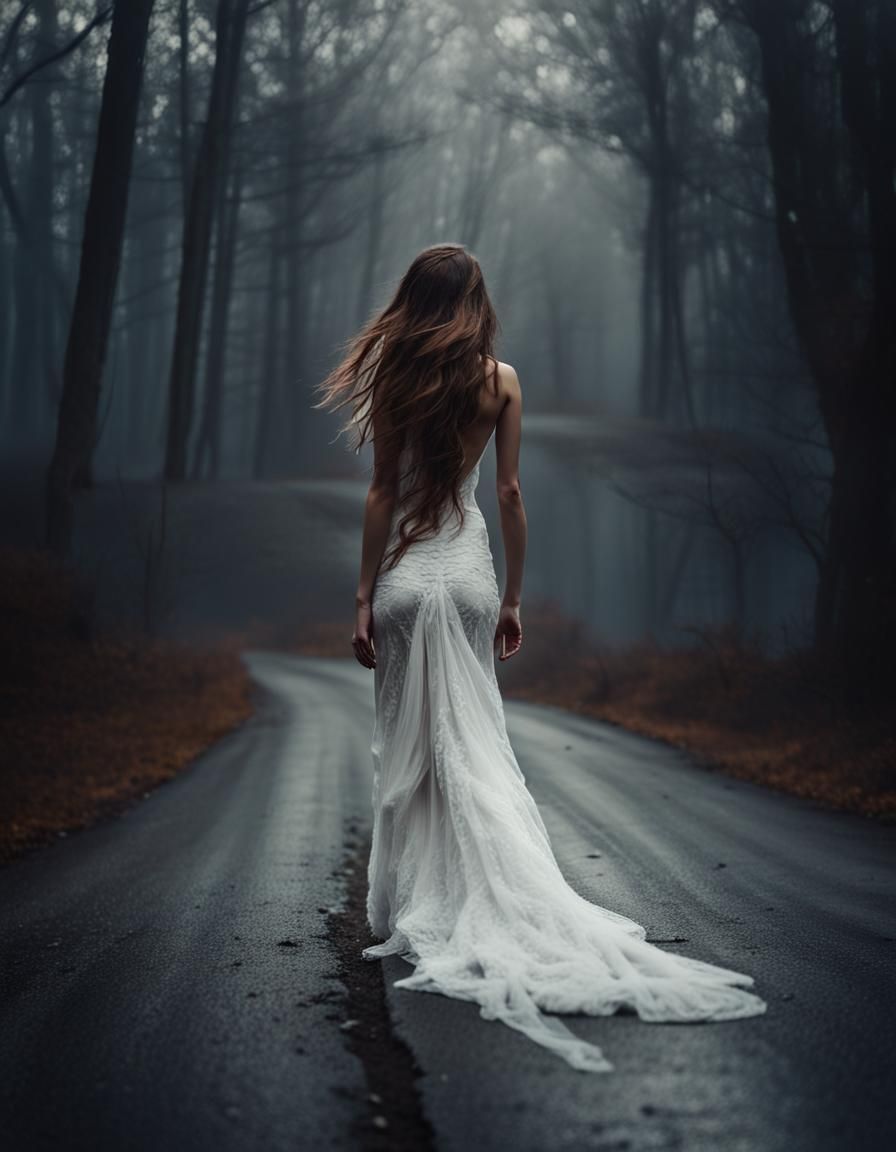 Alluring Angel in Dark Forest at Night