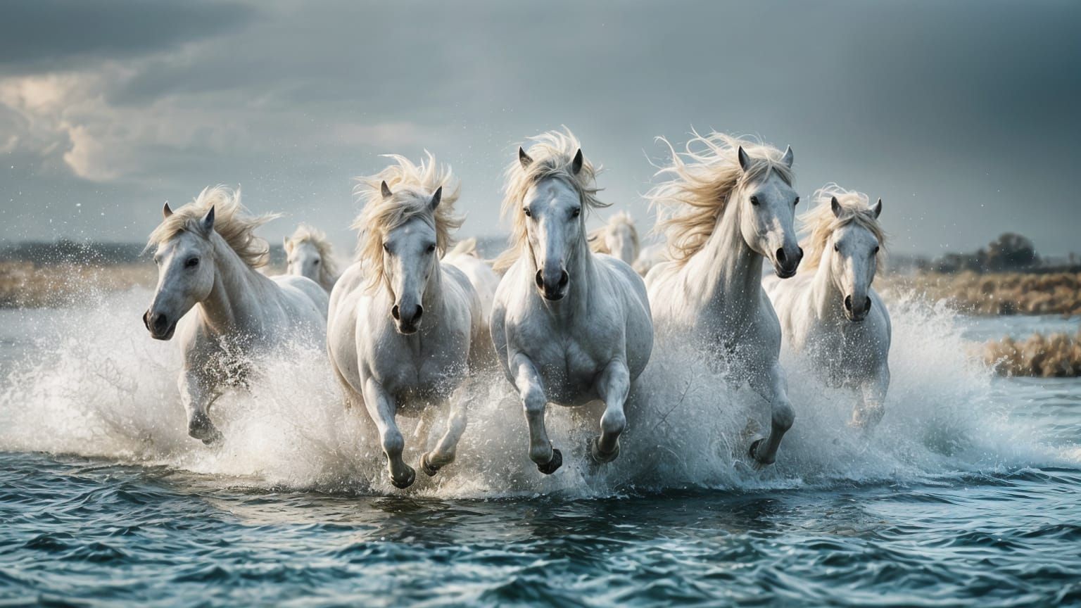 Camargue White Horses Galloping in Dramatic Light