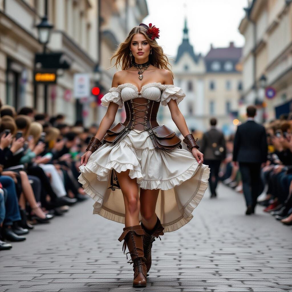 Steampunk Girl Chasing Fox with Army Boots and Corset