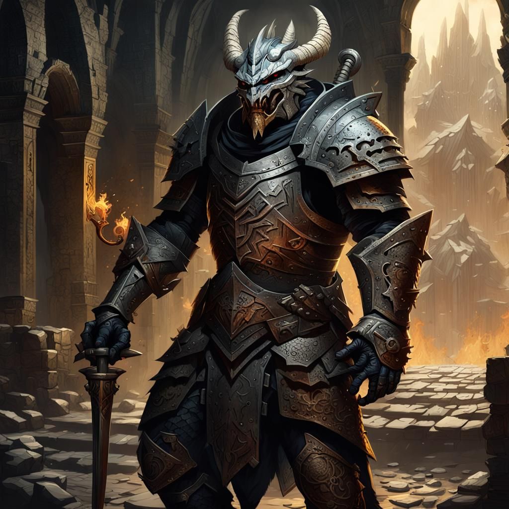 Dragonborn Warrior in Gothic Ruins, Dark Fantasy Art