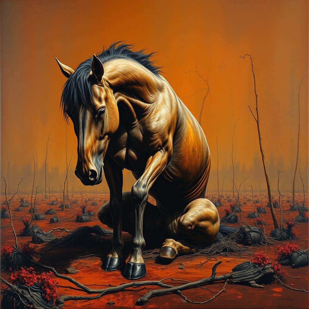 Sorrowful Equine in Desolate Wasteland