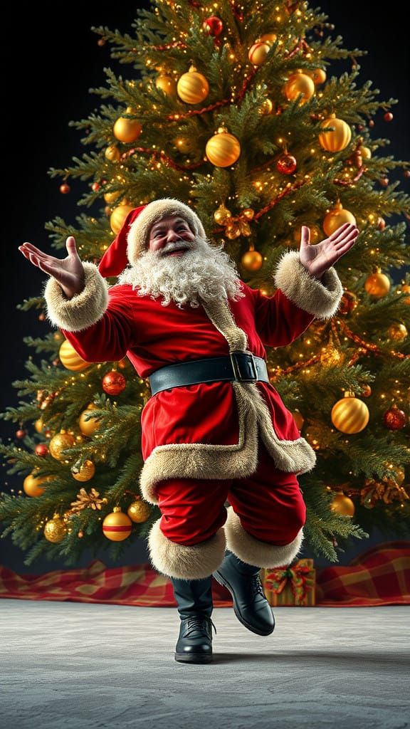 Vibrant Santa Claus Dances Under Christmas Tree