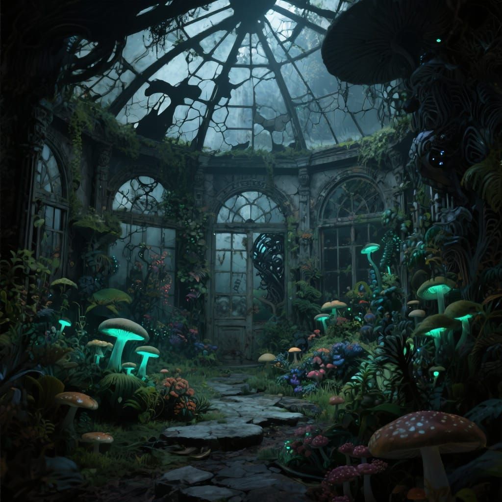 Bioluminescent Greenhouse: A Dark Surreal Digital Painting