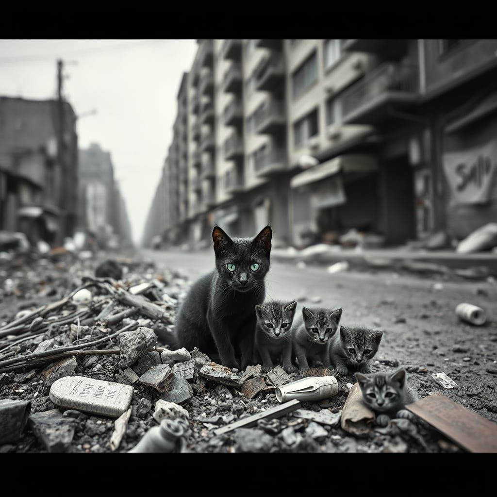 Melancholy Stray Cats in a Gritty Urban Landscape