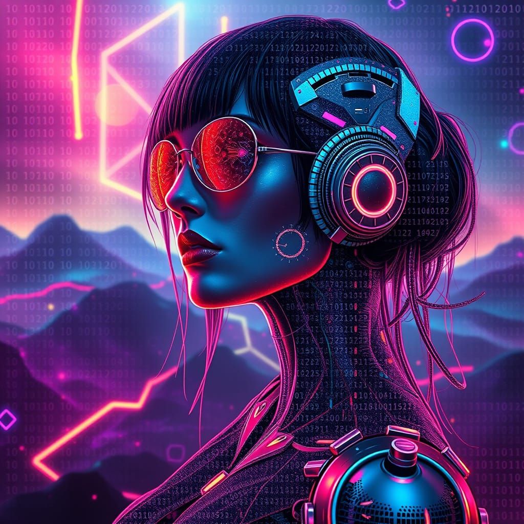 Cyberpunk Femme Fatale in Shimmering Binary Code Dreamscape