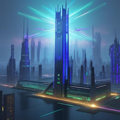 Holographic Effects Around Tower in Cyberpunk Style