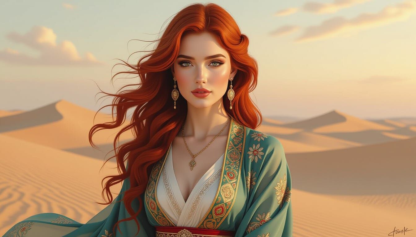 Red-Haired Desert Princess Romantic Charcoal Drawing