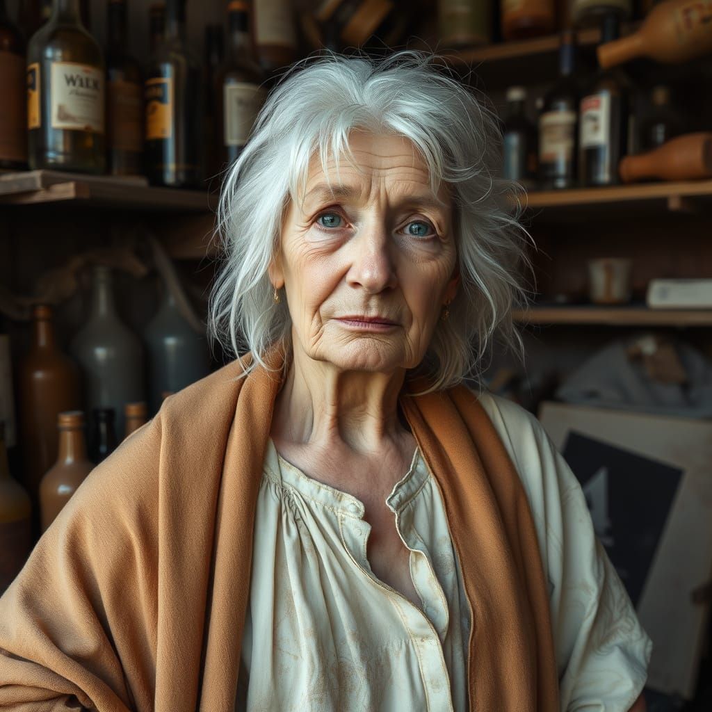 Elderly Woman in Faded Dress with Bottles on Shelves