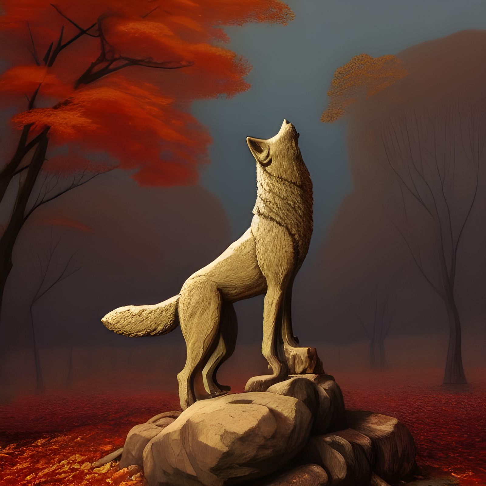 Autumn Wolf Statue Painting in Romantic Style