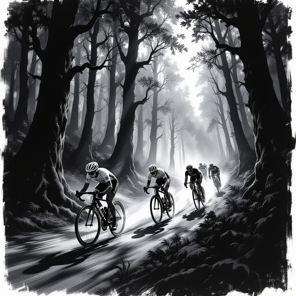 Surreal Monochrome Forest Bike Race