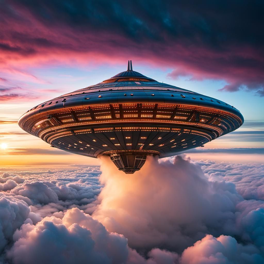 Futuristic Alien Spaceship Emerges from Clouds