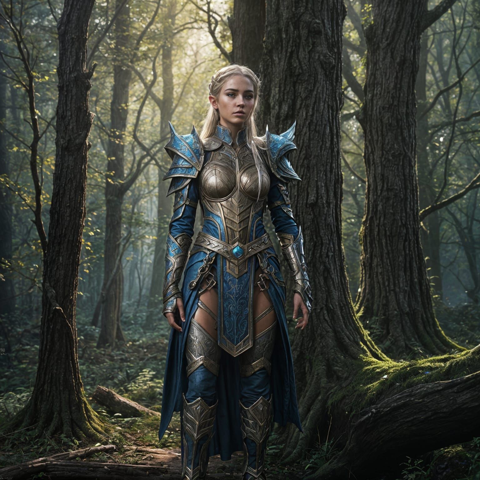 Woodland, Elf, Soldier, Metallic Blue, Silver Armor, Female