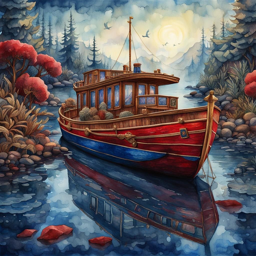 Whimsical Wilderness Boat in Red and Blue Watercolor