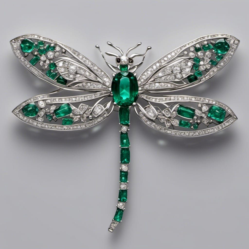 Exquisite Dragonfly Brooch with Diamonds and Emeralds