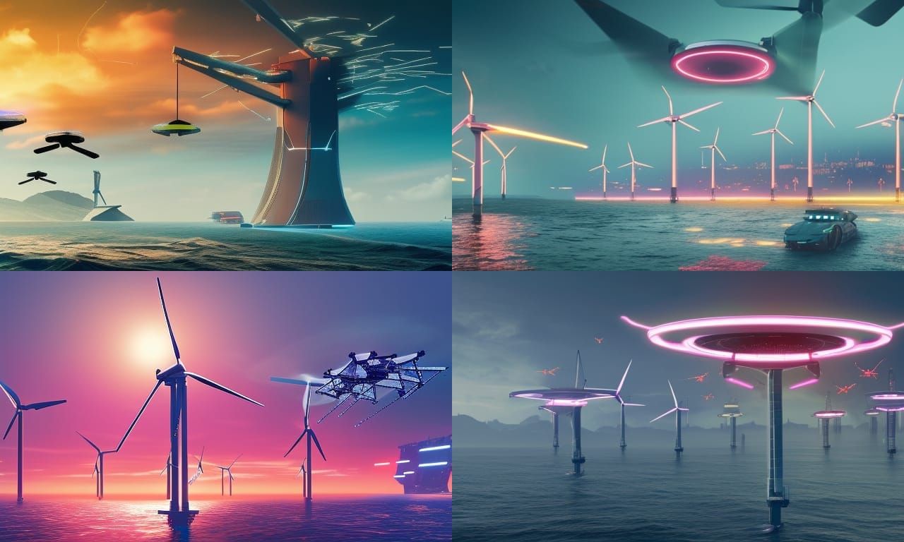Futuristic Drone Swarm Wind Farm in Cyberpunk Style