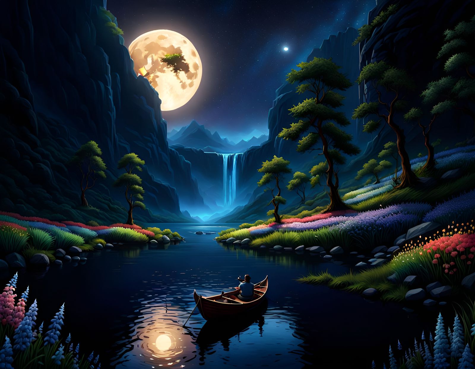 Mountain River Fisherman Under Starry Galaxy, Fantasy Art