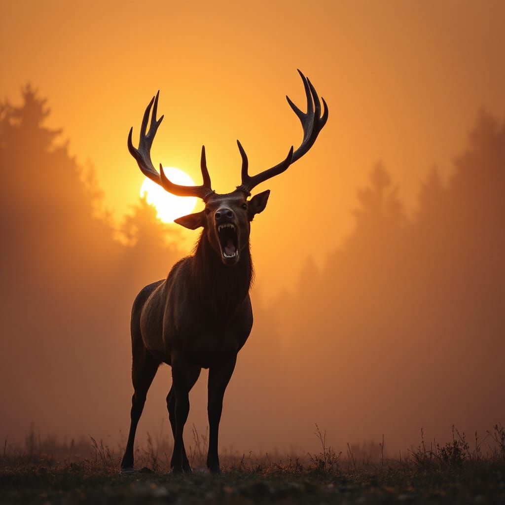 Majestic Red Stag Roars in Golden Hour Forest