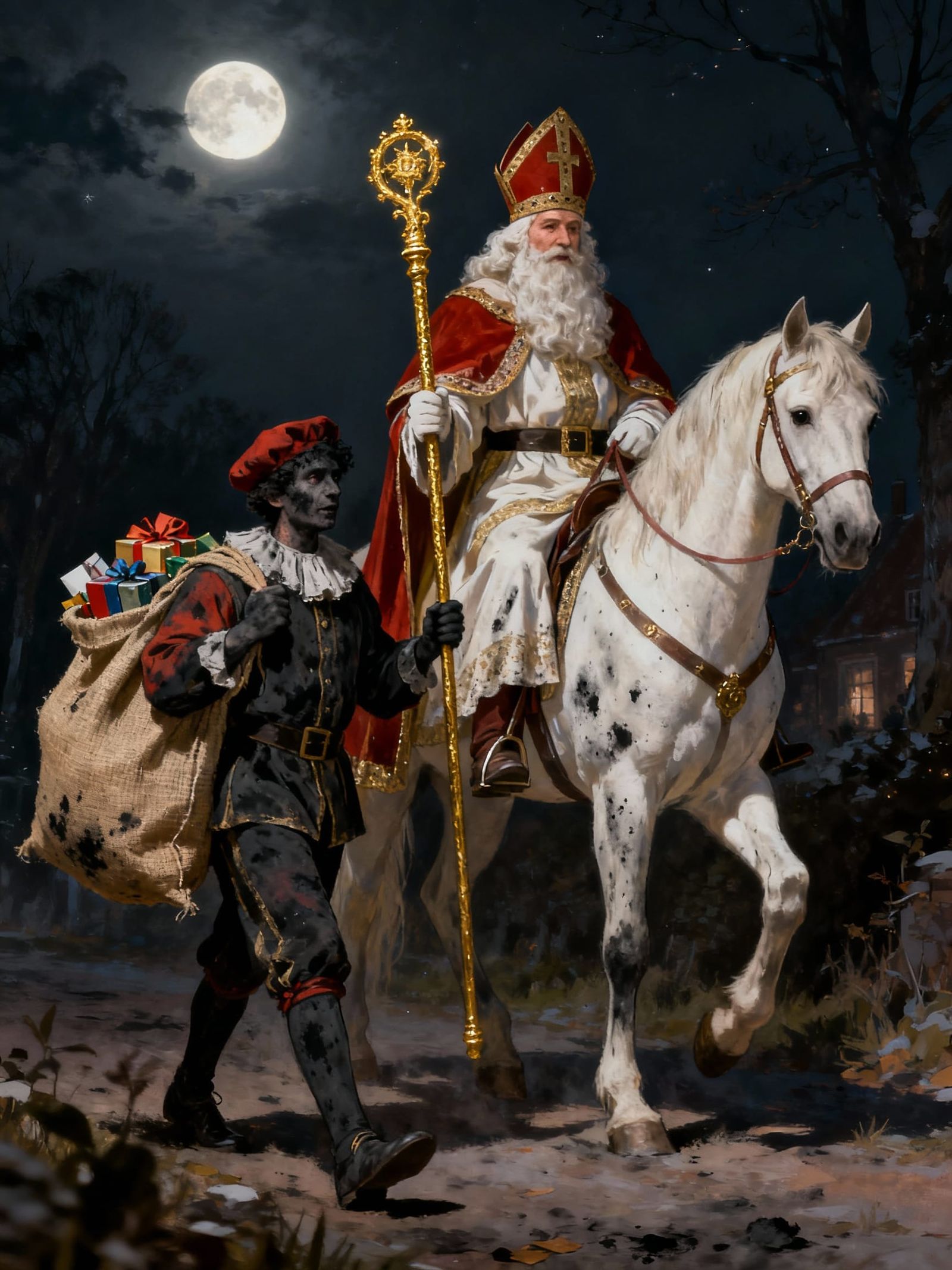 Sinterklaas and Piet Ride Through Dark Streets