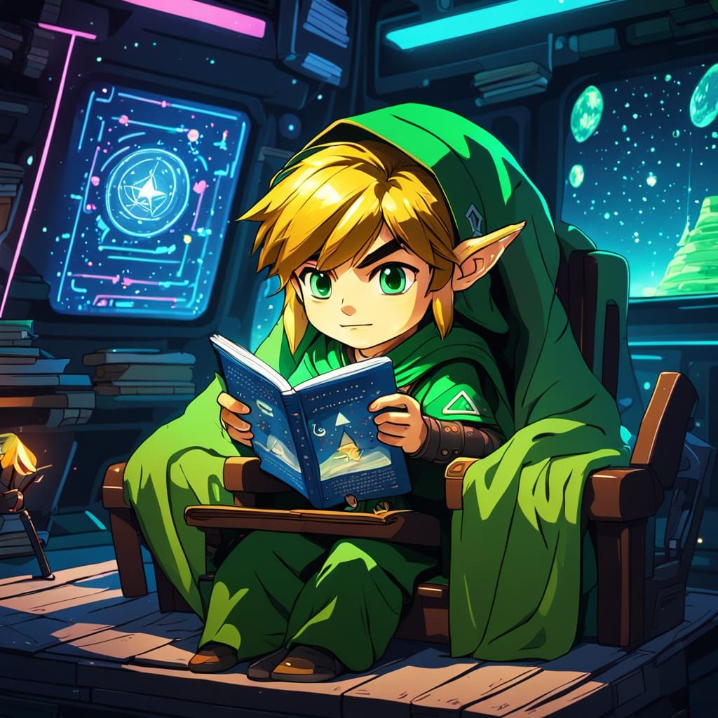 Chibi Link Reads in Cozy Spaceship Cabin