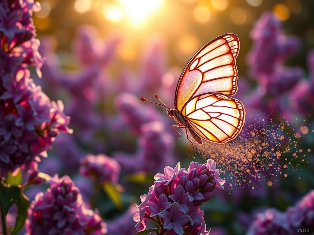 Luminous Butterfly Soars Above Vibrant Lilacs in Ethereal Li...