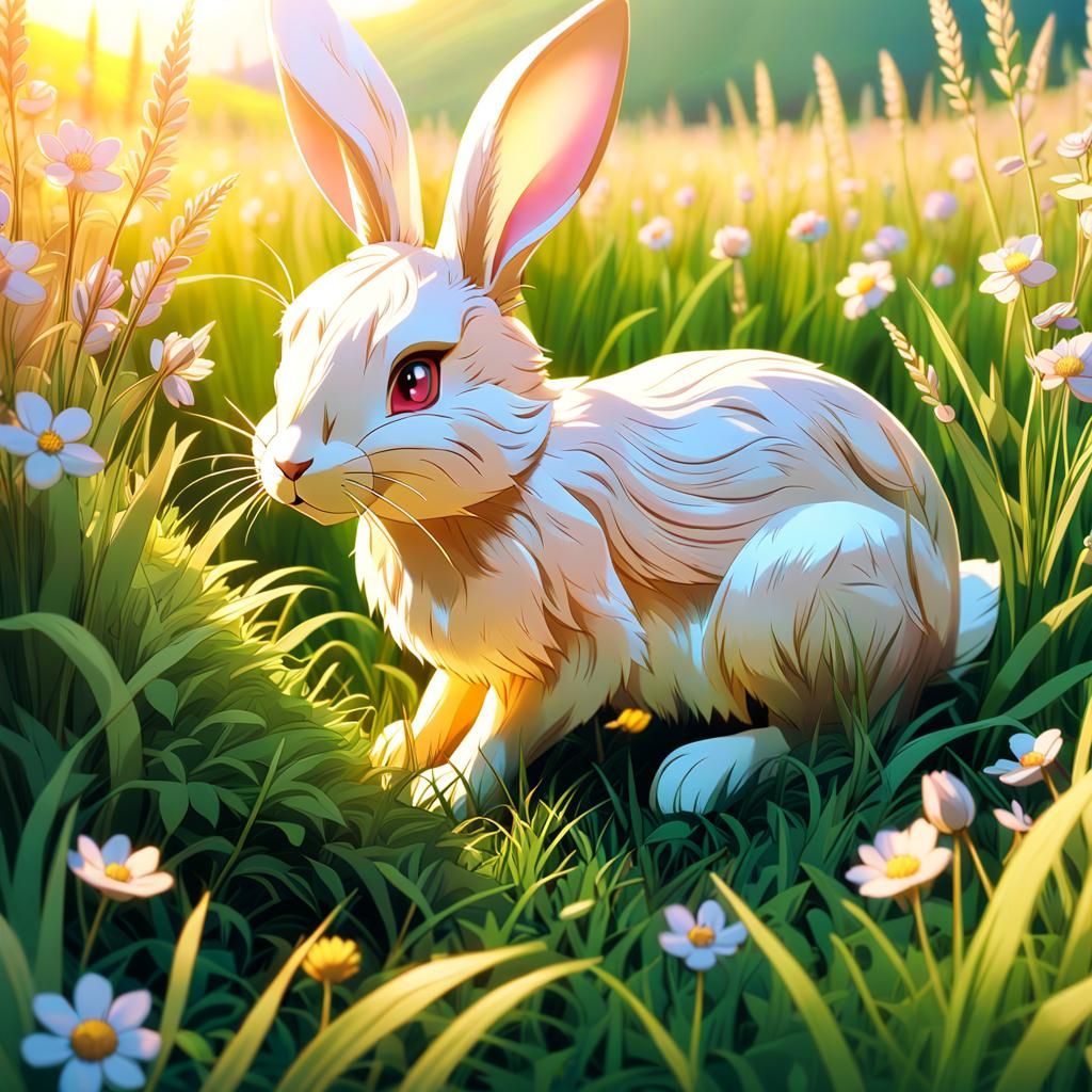 Anime Wood Carved Rabbit in Field