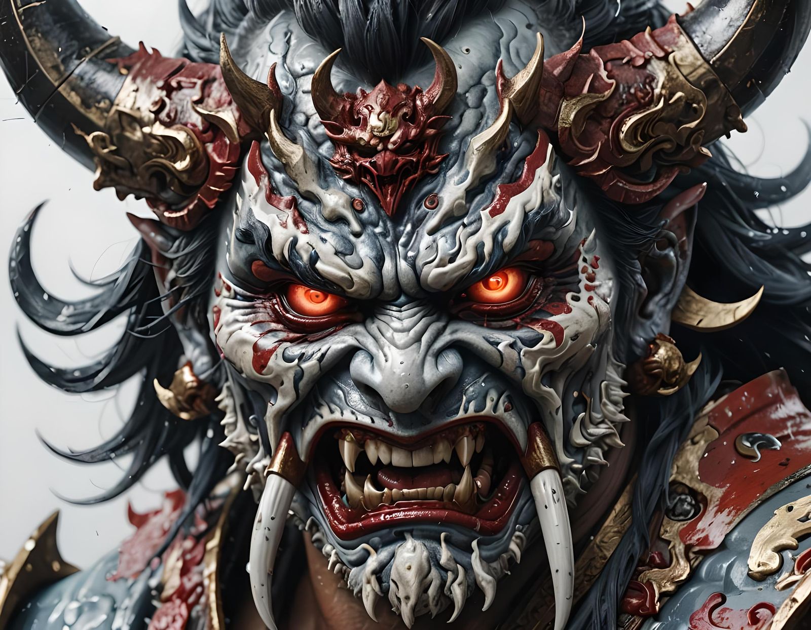 Dramatic Oni Mask Portrait in Hyperrealistic Style