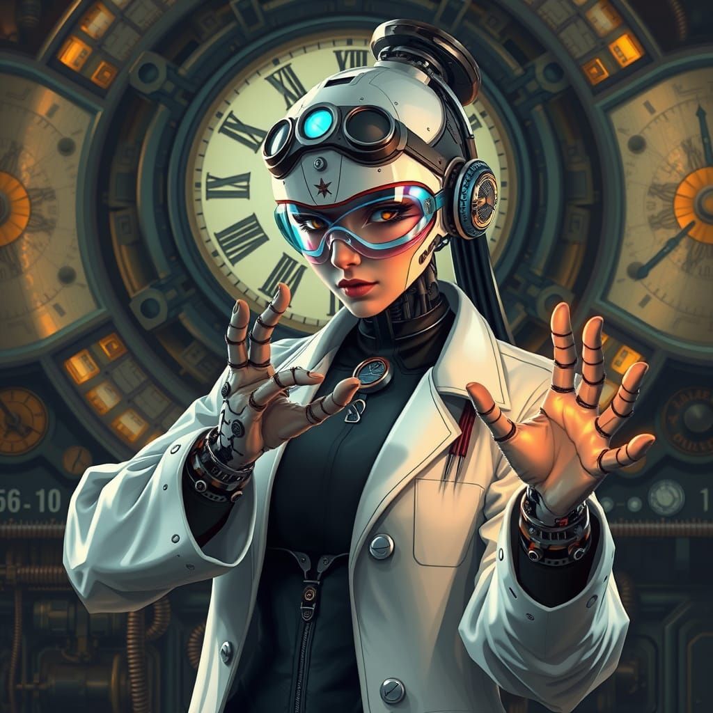 Female Roboticist Practicing Chronomancy in Futuristic Lab