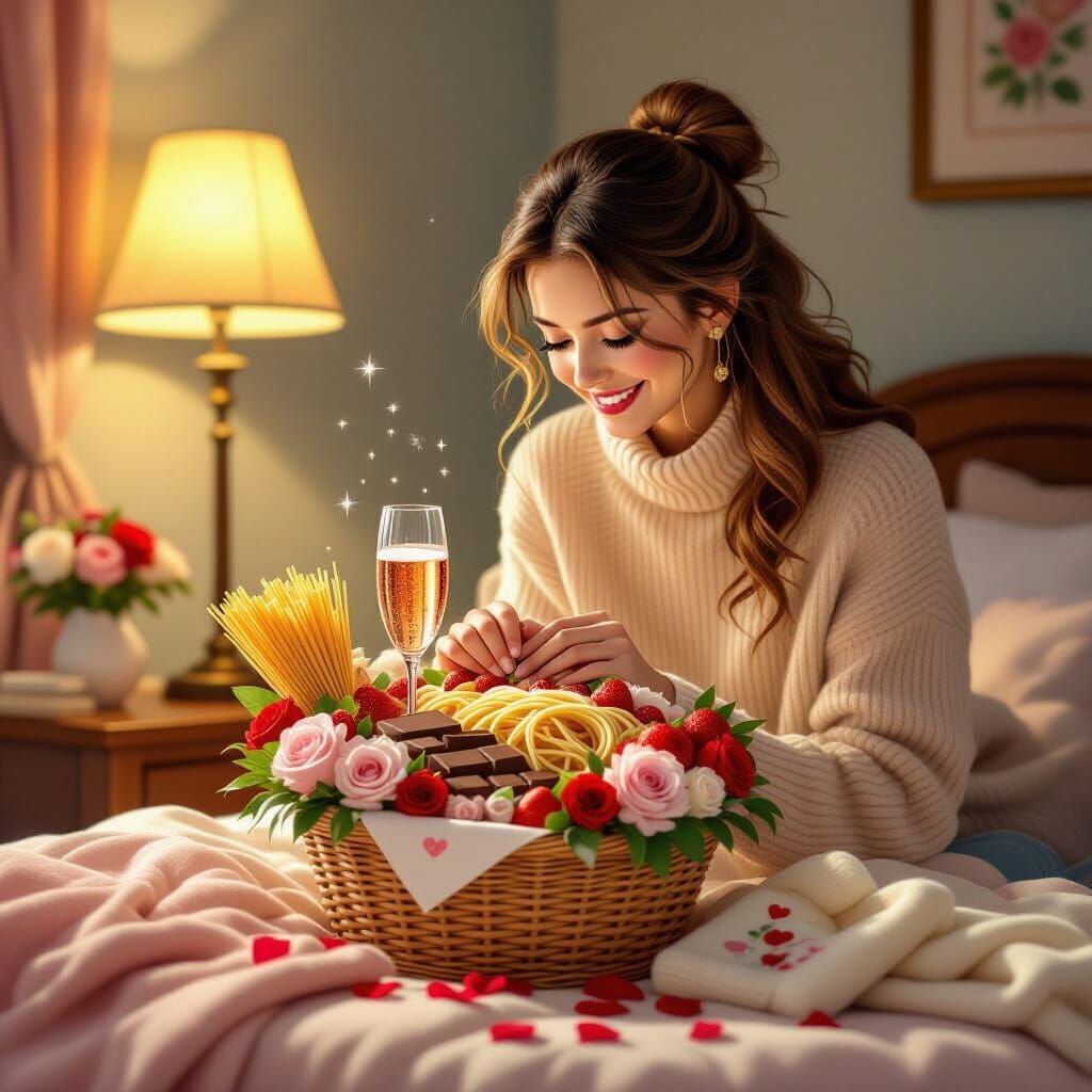 Woman Prepares Romantic Surprise Basket with Food and Flower...