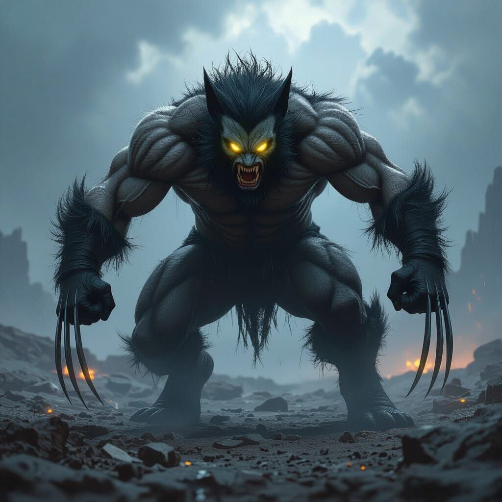 Feral Wolverine Sabretooth Hybrid in Stormy Landscape