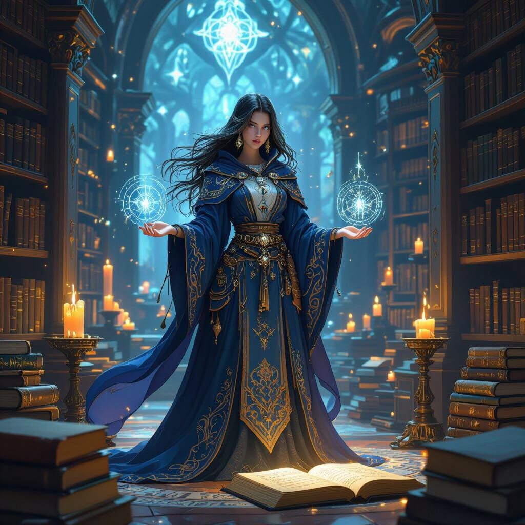 Enchanting Sorceress in Grand Library: Fantasy Concept Art