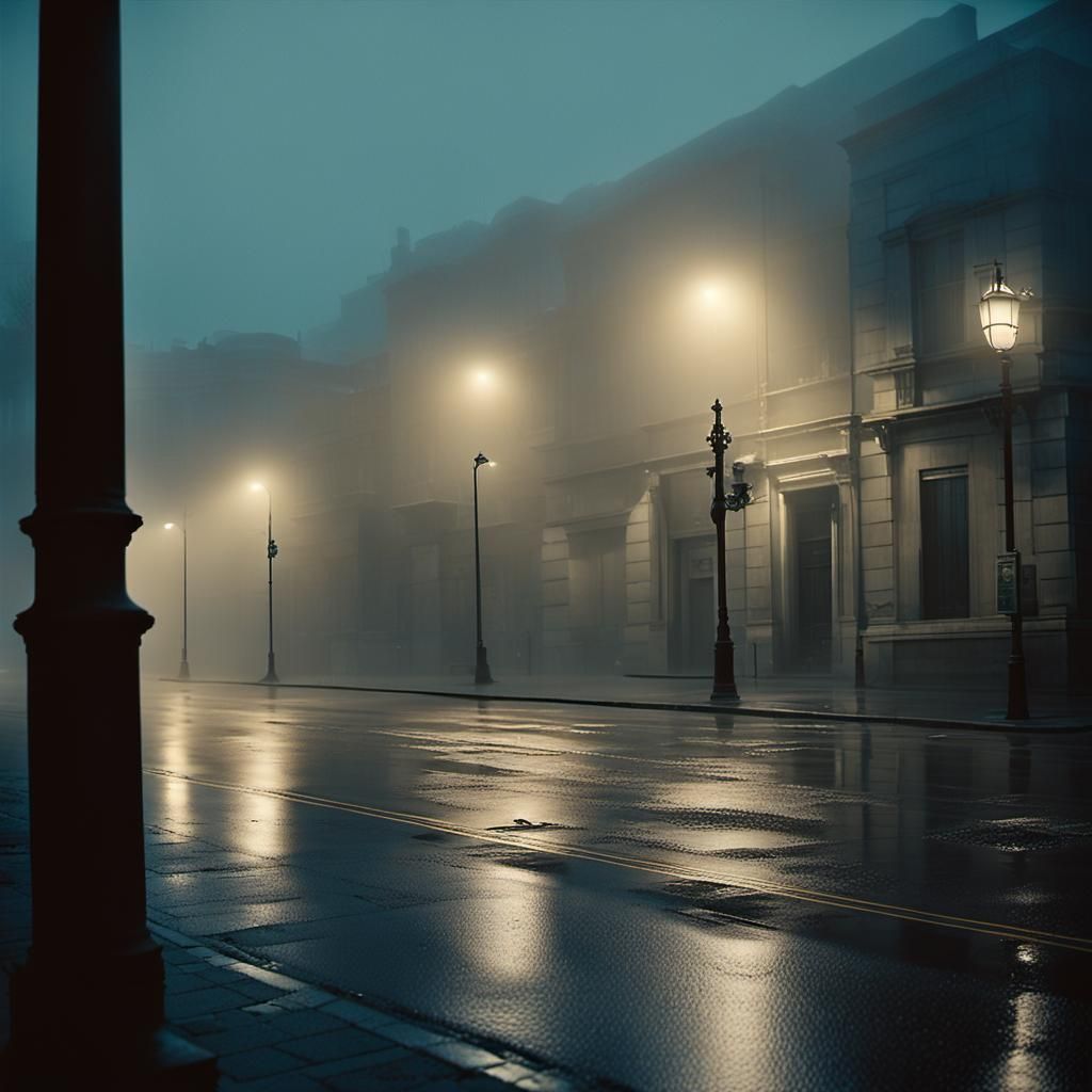 Eerie Deserted Street in Fog: Cinematic Film Still