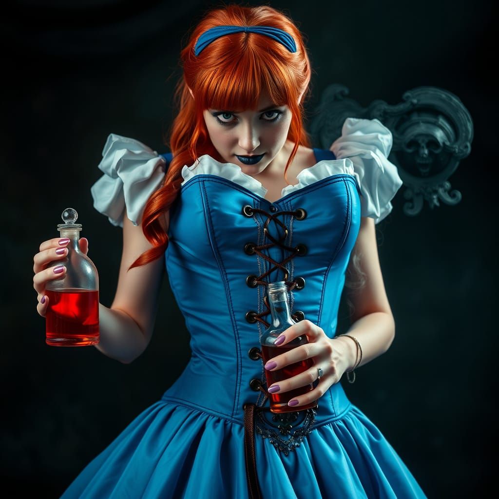 Hyper Realistic Alice in Wonderland with Poison Bottles