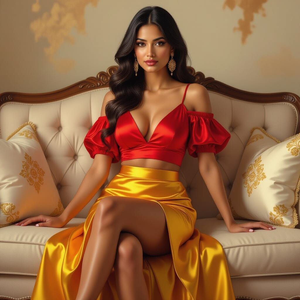 Indian Woman in Yellow Miniskirt and Red Blouse on Sofa