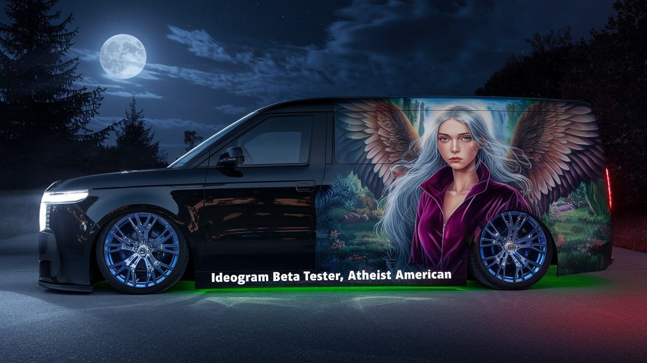 Sleek Van with Woman and Wings Graphic Design