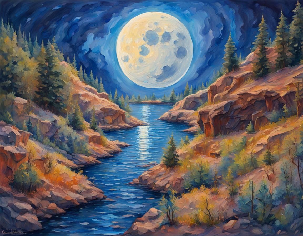 Blue Moon in Gouache Impressionist Style