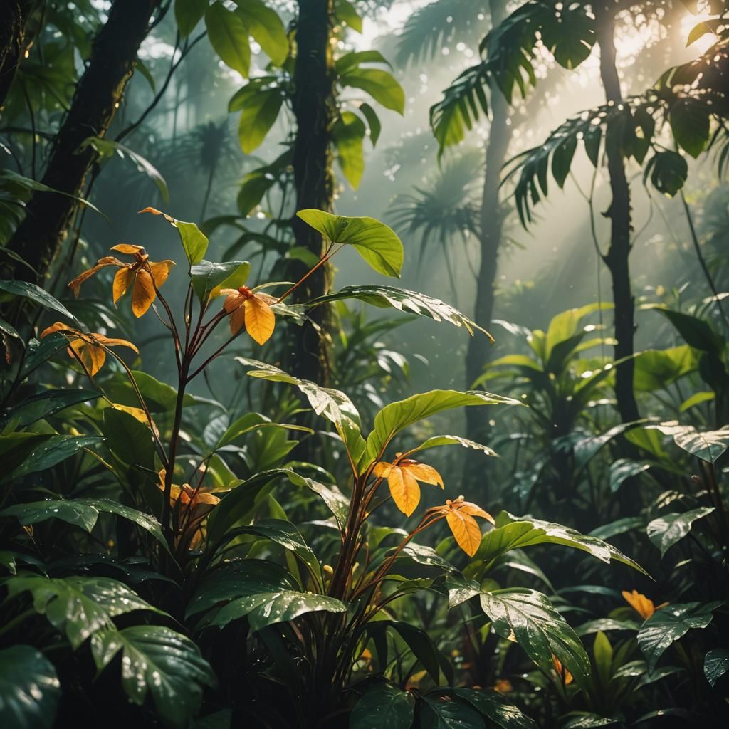 Lush Jungle Plants in Misty, Golden Light