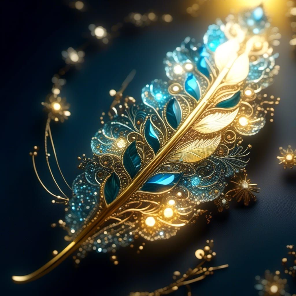 Glowy Golden Feather with Glass Fragments