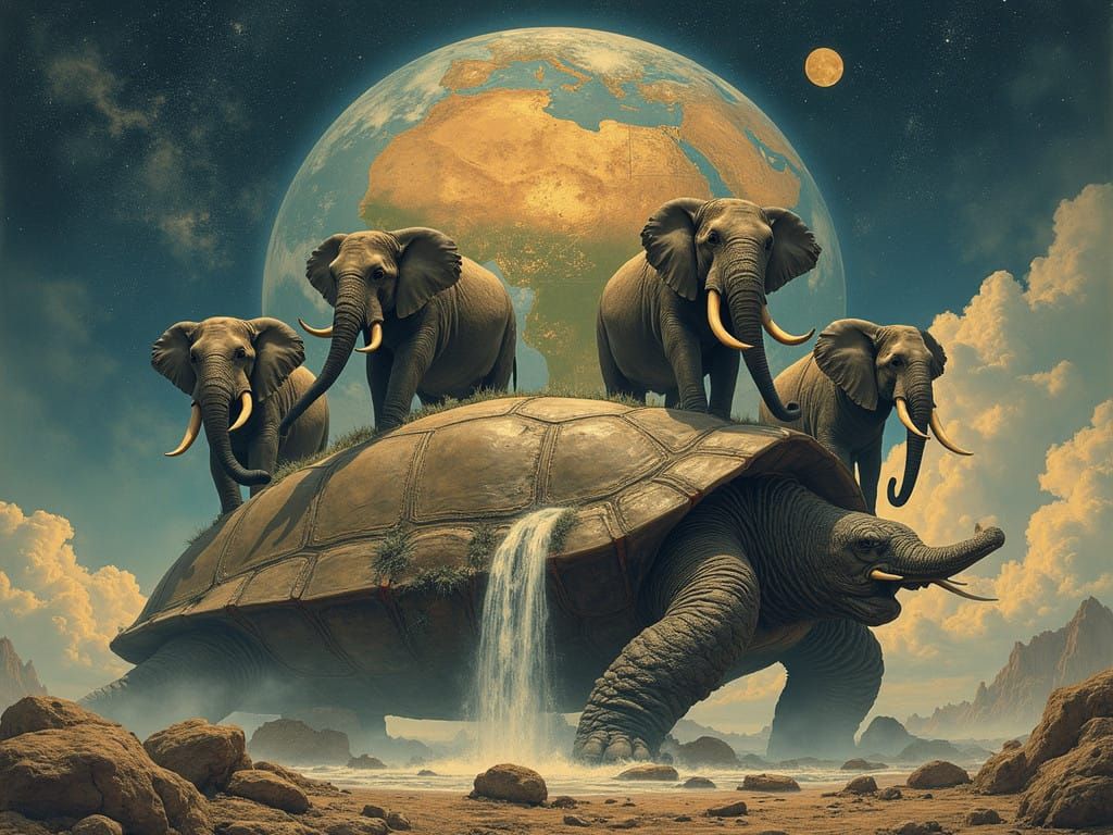 Fantastical Celestial World on the Back of a Turtle