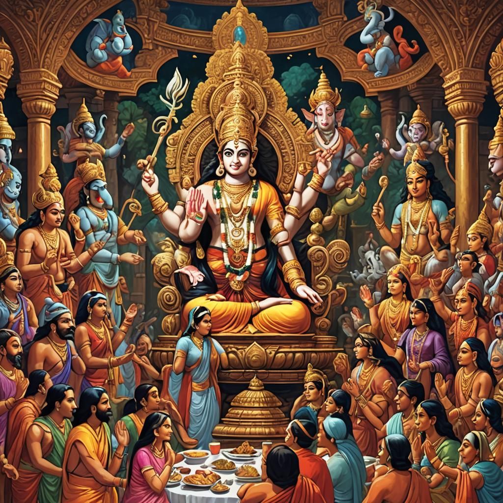 Hindu Pantheon Gathering in Ornate Splash Art Style