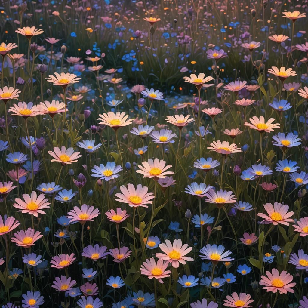 Bioluminescent Flowers at Twilight in Realistic Style