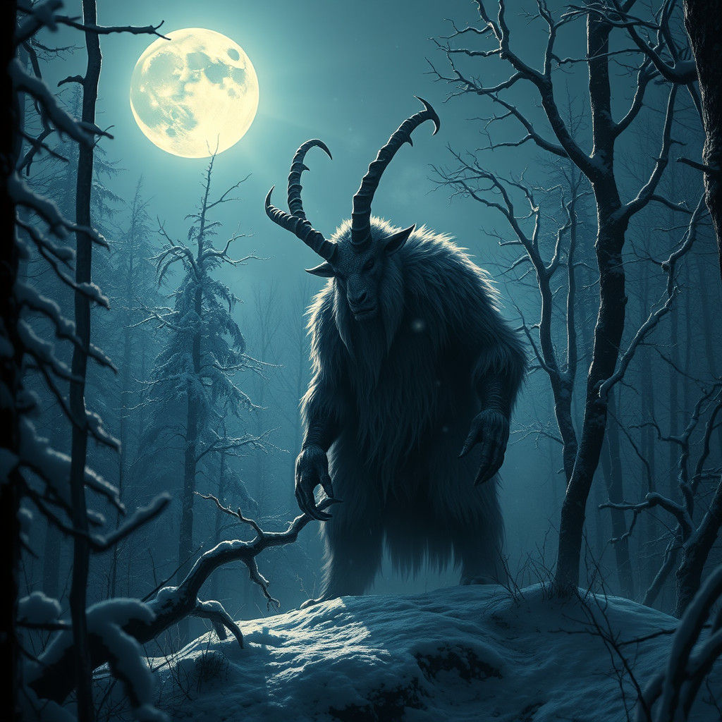 Krampus and Wendigo Battle in Dark Winter Forest