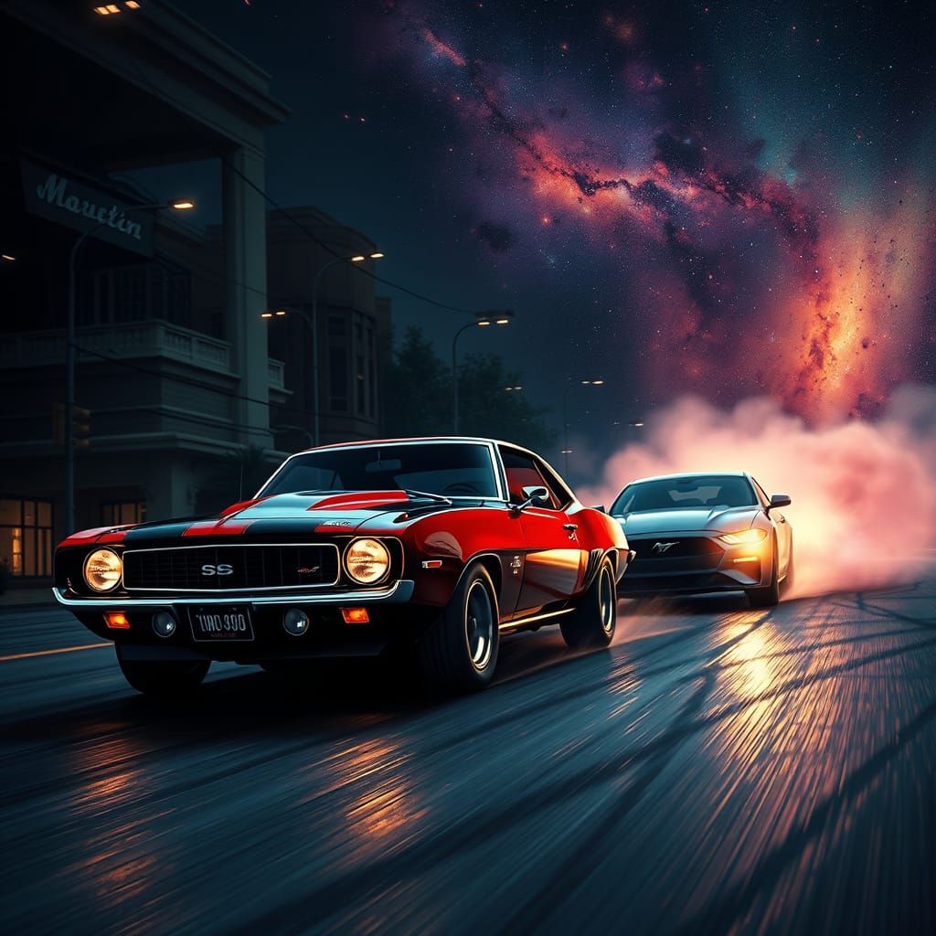 Vintage Muscle Cars Race Through Cosmic Cityscape