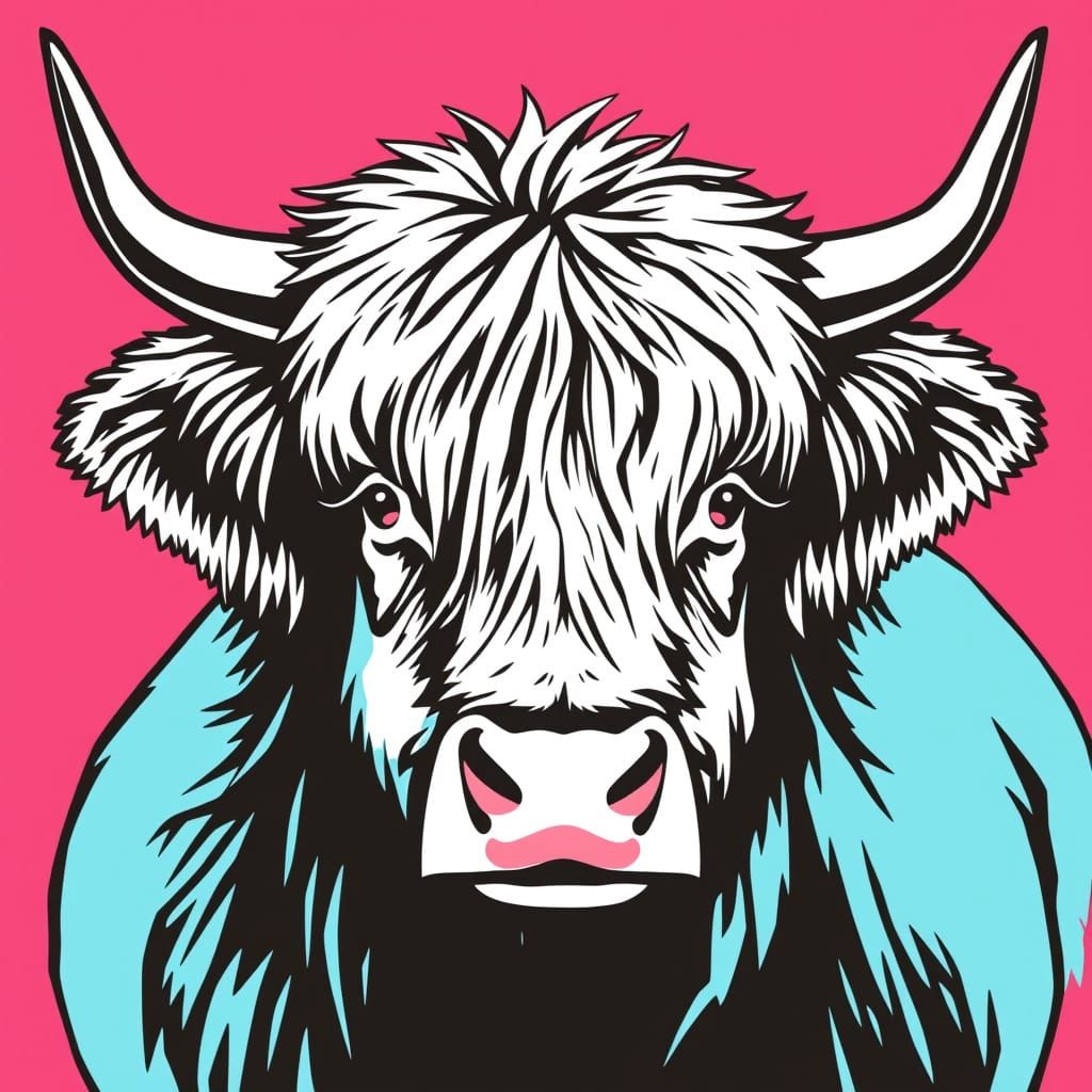 Highland Cow Pop Art Poster with Vivid Colors
