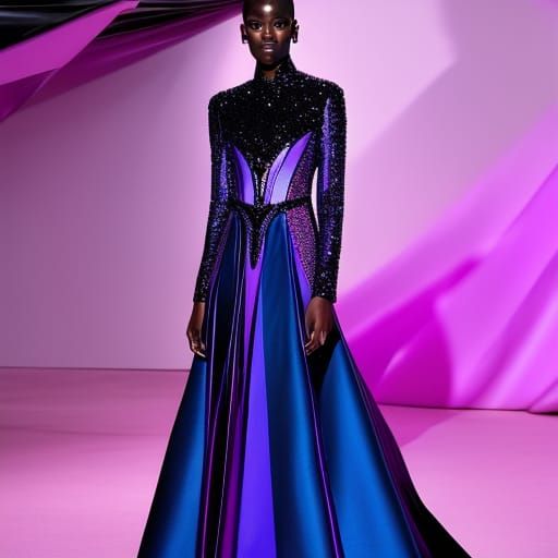 Cosmic black met gala dress with purple holographic accents& blue holographic accents& cosmic vibes& magical vibes& eth...