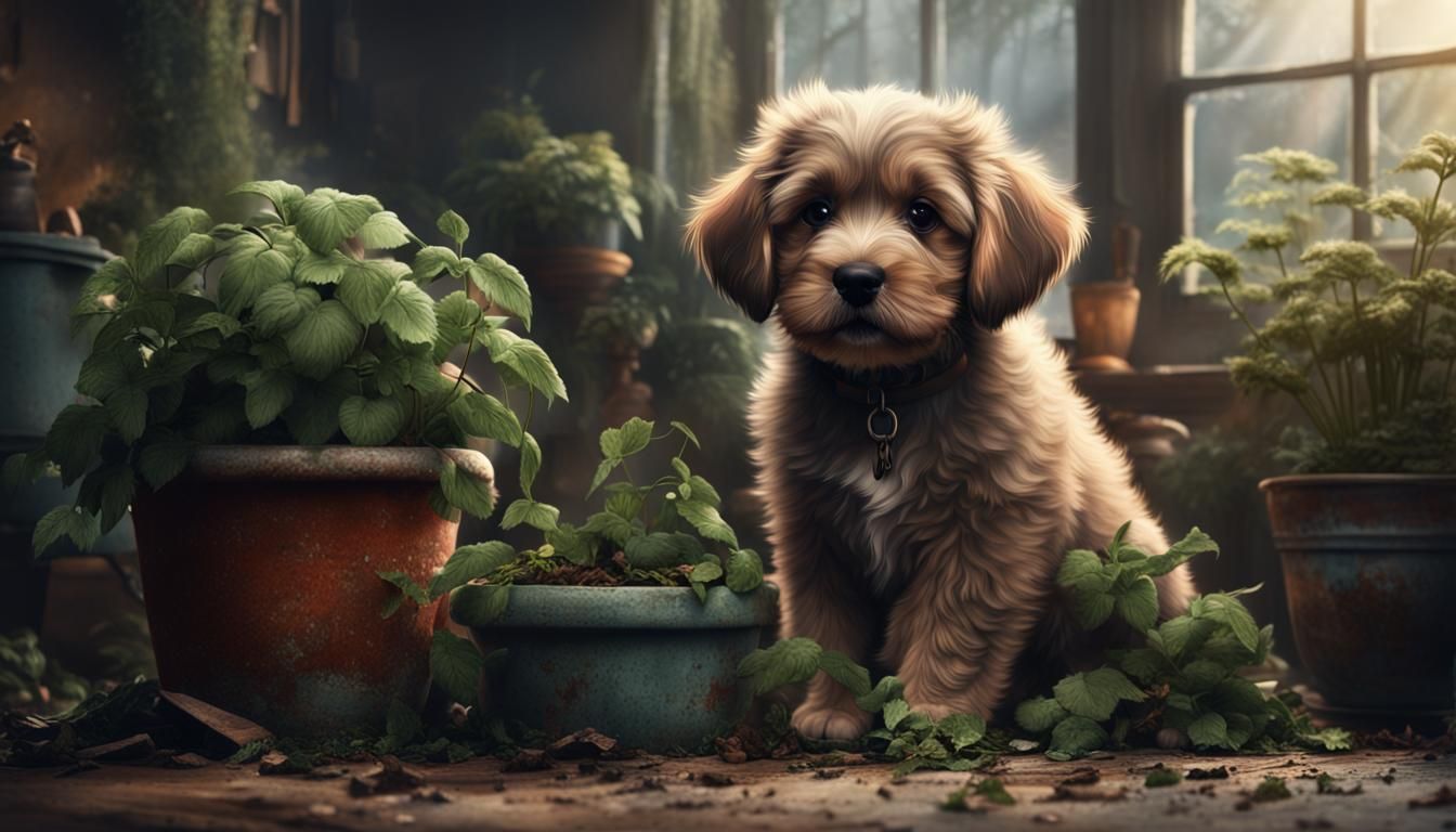Cute Puppy with Smashed Plant Pot
