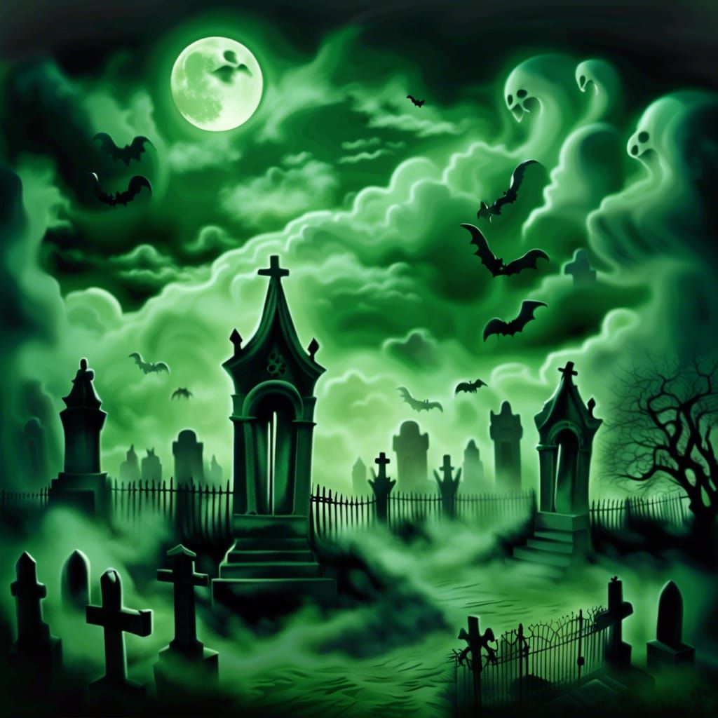 Eerie Graveyard Scene with Ghostly Clouds