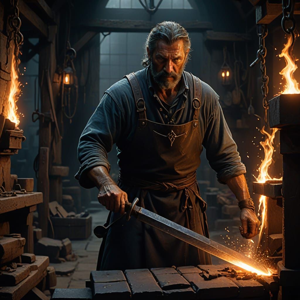 Hyper-Realistic Portrait of a Grizzled Blacksmith in Mid-Lif...