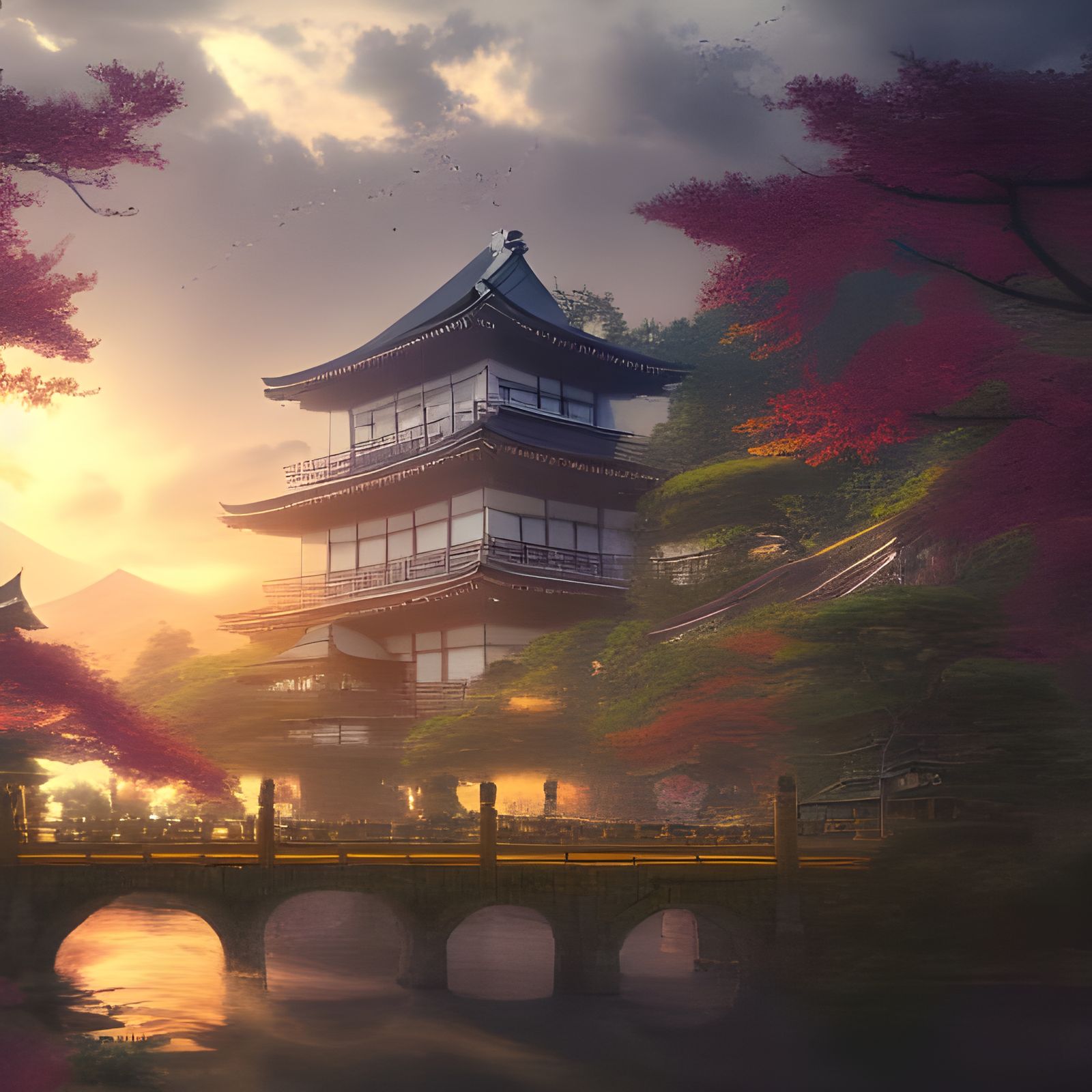 Detailed Matte Painting of Japan in Deep Color