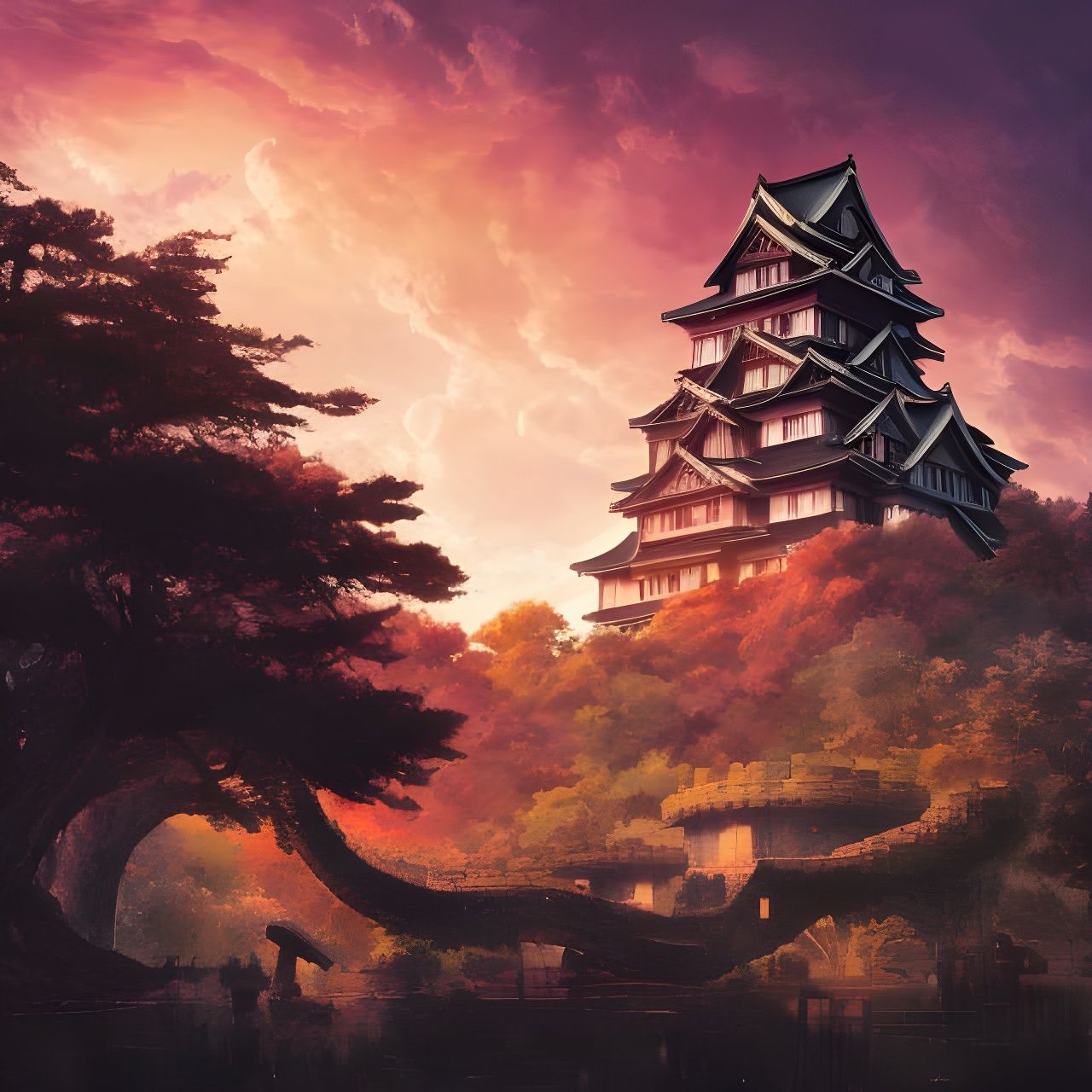 Kumamoto Castle Sunset: Hyperdetailed Photorealistic Artwork