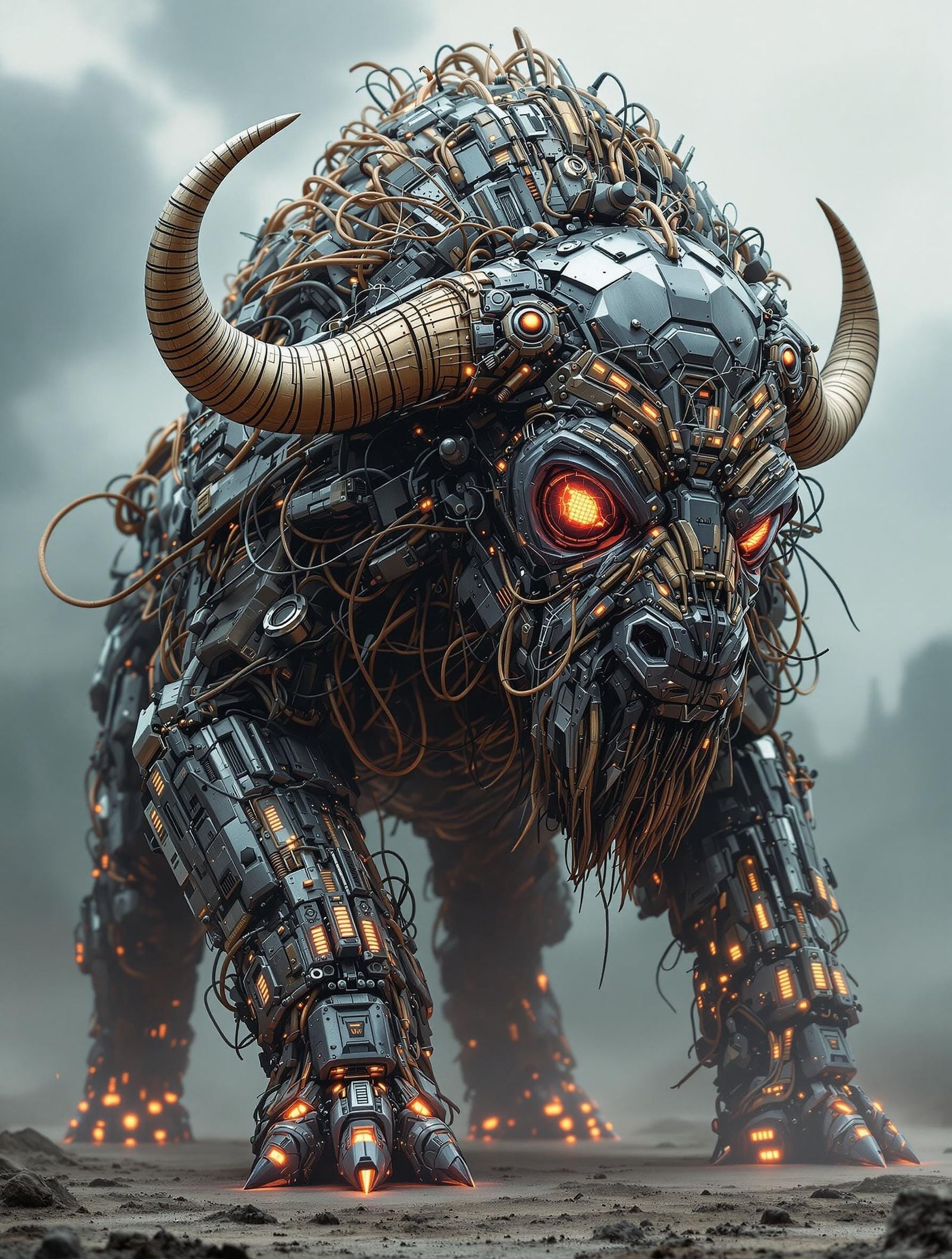 Glowing Bison-Buffalo Alien Crests Industrial Futurism